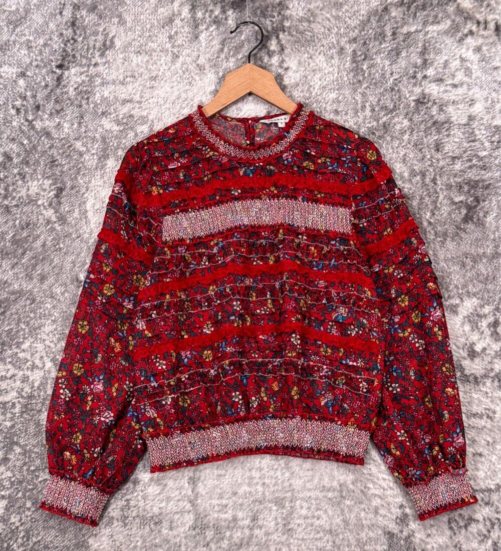 Anthropologie Top Small Womens Ranna Gill Blouse Red Floral Smocked